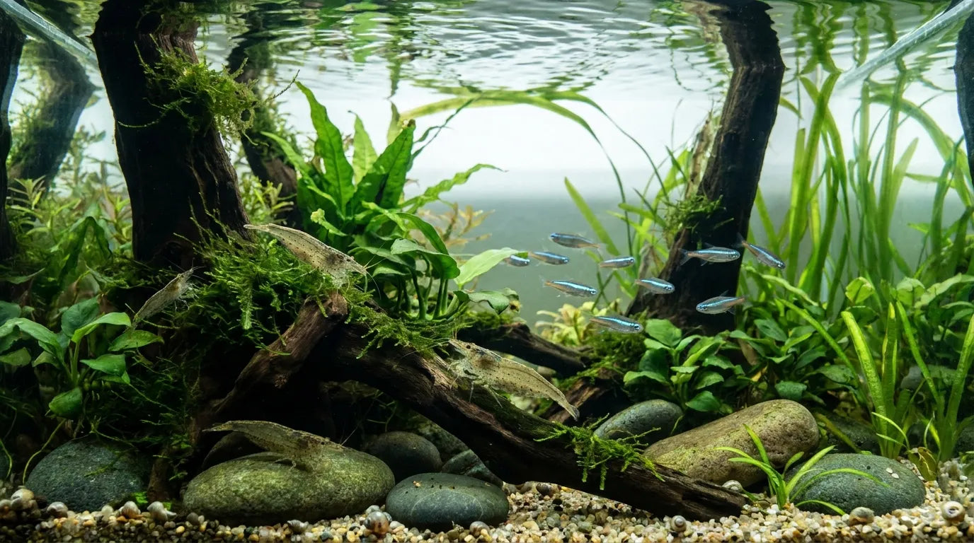 Aquarium mit Fischen und Amanogarnelen Vergesellschaftet