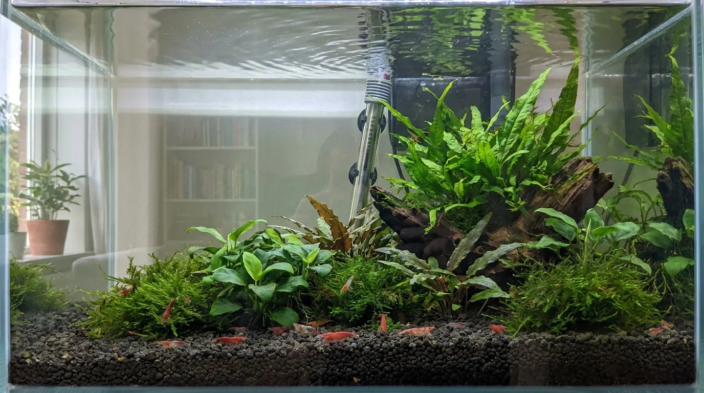 Aquarium mit Garnelen und beseitigter Kahmhaut