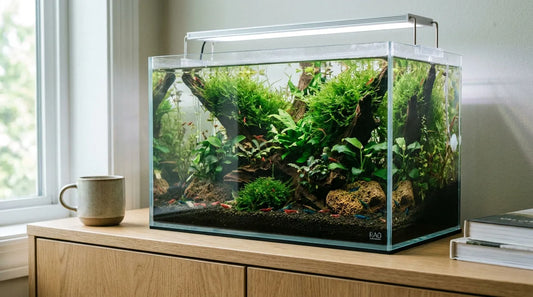 Nahaufnahme eines modernen Nano-Aquariums mit Garnelen, feinen Pflanzen, sanfter LED-Beleuchtung, dunklem Bodengrund, natürlicher Einrichtung aus Wurzeln und Steinen, ruhige Wasseroberfläche, warme und natürliche Lichtstimmung, realistische Texturen
