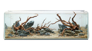 Eingerichtetes Aquarium mit Wurzeln, Steinen und Sand