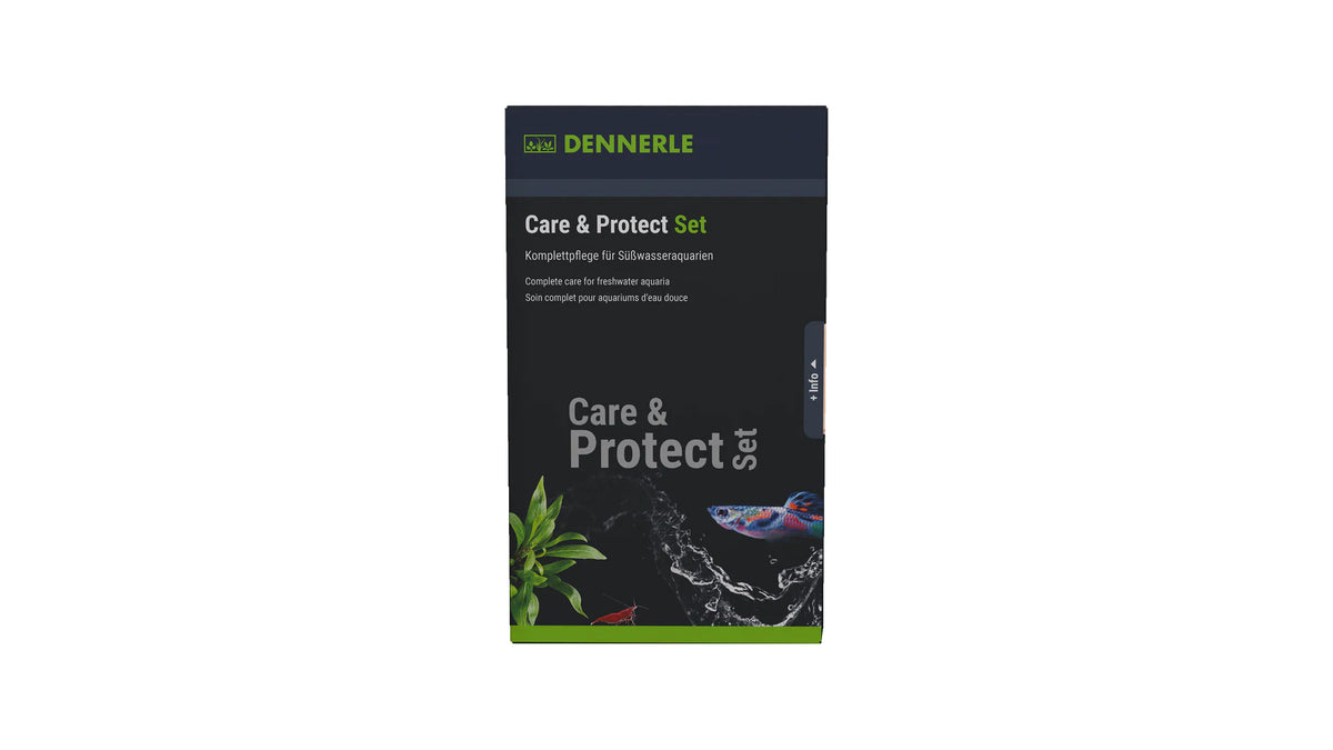 Dennerle Care & Protect Sets zur professionellen Wasseraufbereitung und Pflege von Süßwasseraquarien. Die hochwertige Verpackung zeigt die enthaltenen Komponenten für maximalen Schutz und Vitalität Ihrer Aquarienbewohner.