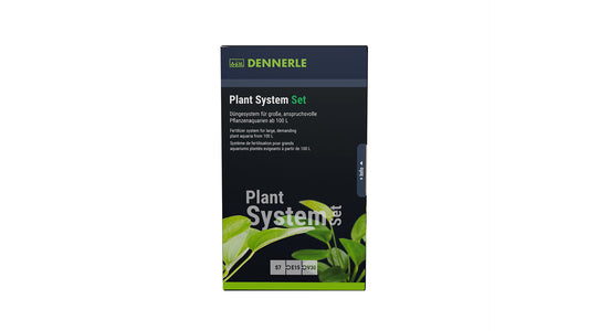 Die vollständige Ansicht des Dennerle Plant System Sets zeigt alle perfekt aufeinander abgestimmten Düngekomponenten für ein gesundes Aquarium. Das Bild verdeutlicht die professionelle Kombination aus Basisdünger und Vitalstoffen für prachtvollen Pflanzenwuchs und intensive Blattfarben.