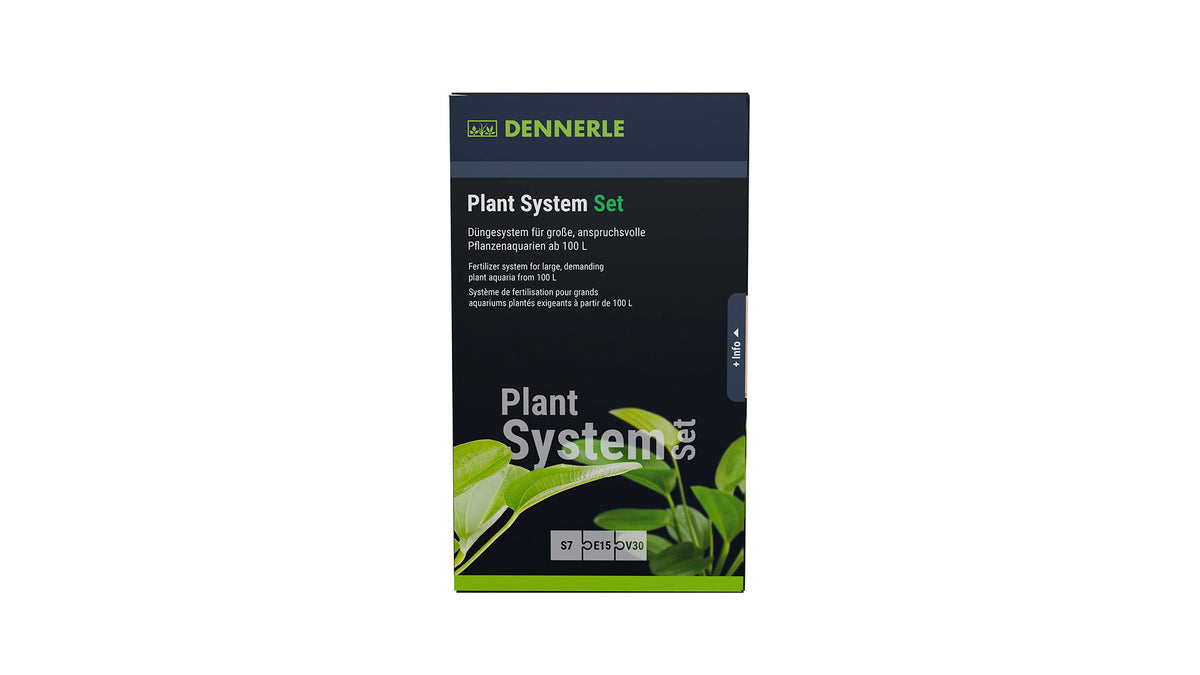 Die vollständige Ansicht des Dennerle Plant System Sets zeigt alle perfekt aufeinander abgestimmten Düngekomponenten für ein gesundes Aquarium. Das Bild verdeutlicht die professionelle Kombination aus Basisdünger und Vitalstoffen für prachtvollen Pflanzenwuchs und intensive Blattfarben.