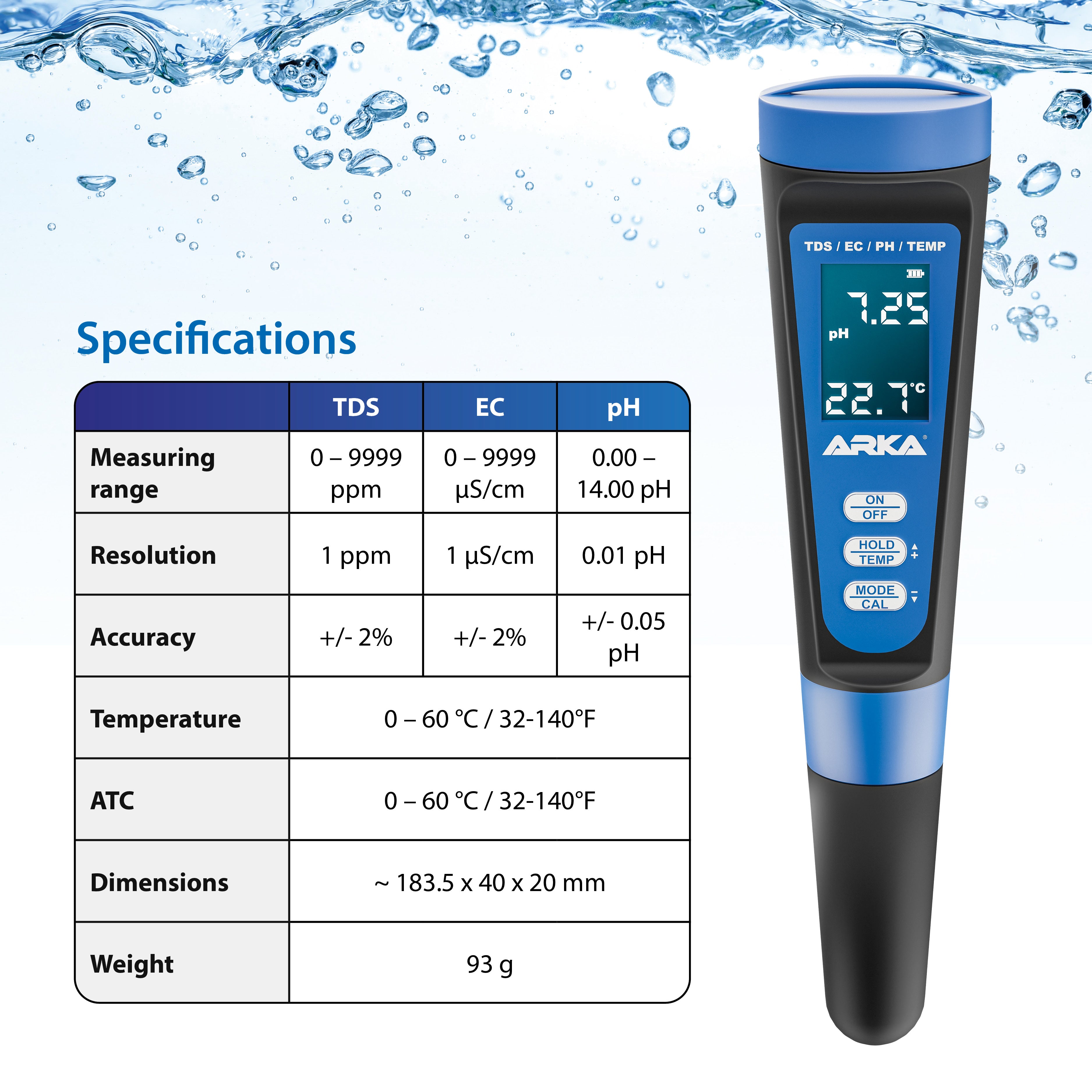 ARKA myAQUA pH/TDS/EC-Messgerät inkl. Thermometer