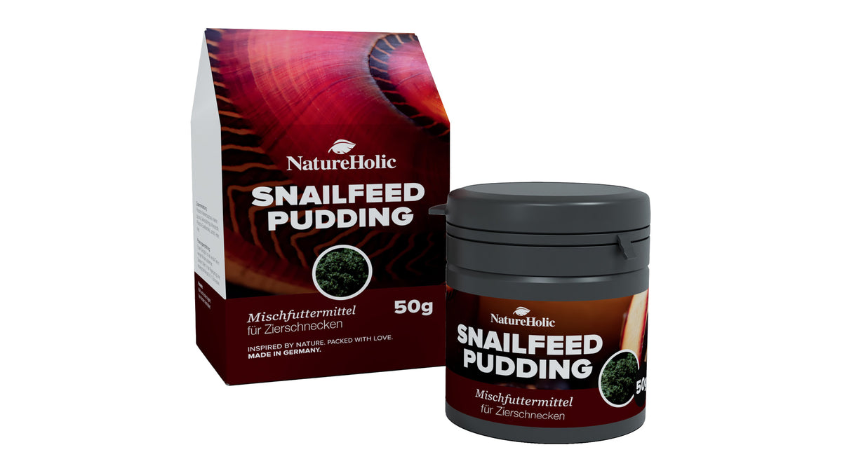 NatureHolic Snailfeed Pudding Schneckenfutter 50 g als Puddingpaste zum Andrücken an die Aquarienscheibe für Aufwuchs fressende Aquarienschnecken
