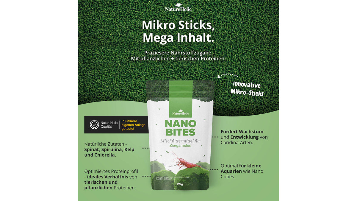 NatureHolic Nano Bites Garnelenfutter 25 g als langsam sinkende Mikrosticks für Garnelen in Nanoaquarien und größeren Aquarien