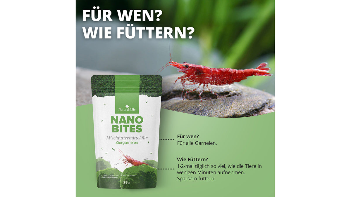 NatureHolic Nano Bites Garnelenfutter 25 g als langsam sinkende Mikrosticks für Garnelen in Nanoaquarien und größeren Aquarien