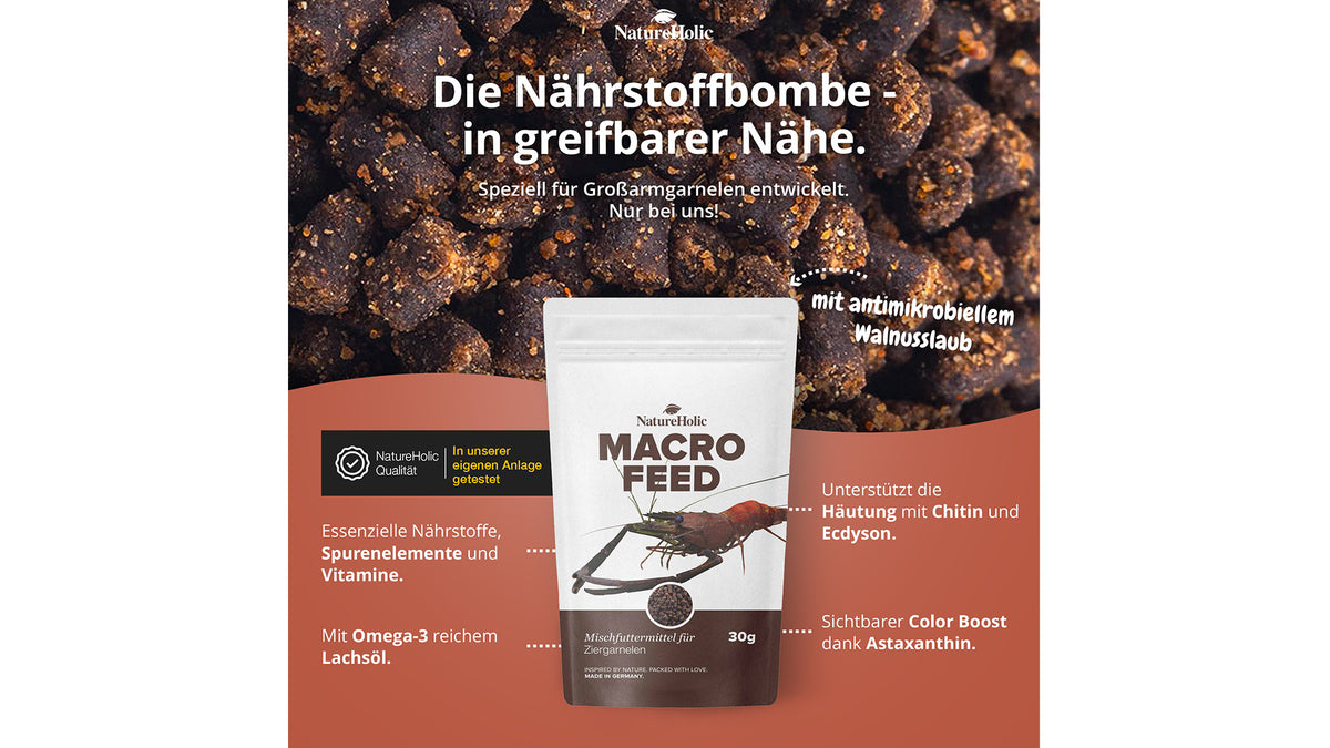 NatureHolic Macrofeed Großarmgarnelen-Futter 30 g als sinkendes Softgranulat für carnivore Großarmgarnelen und Krabben