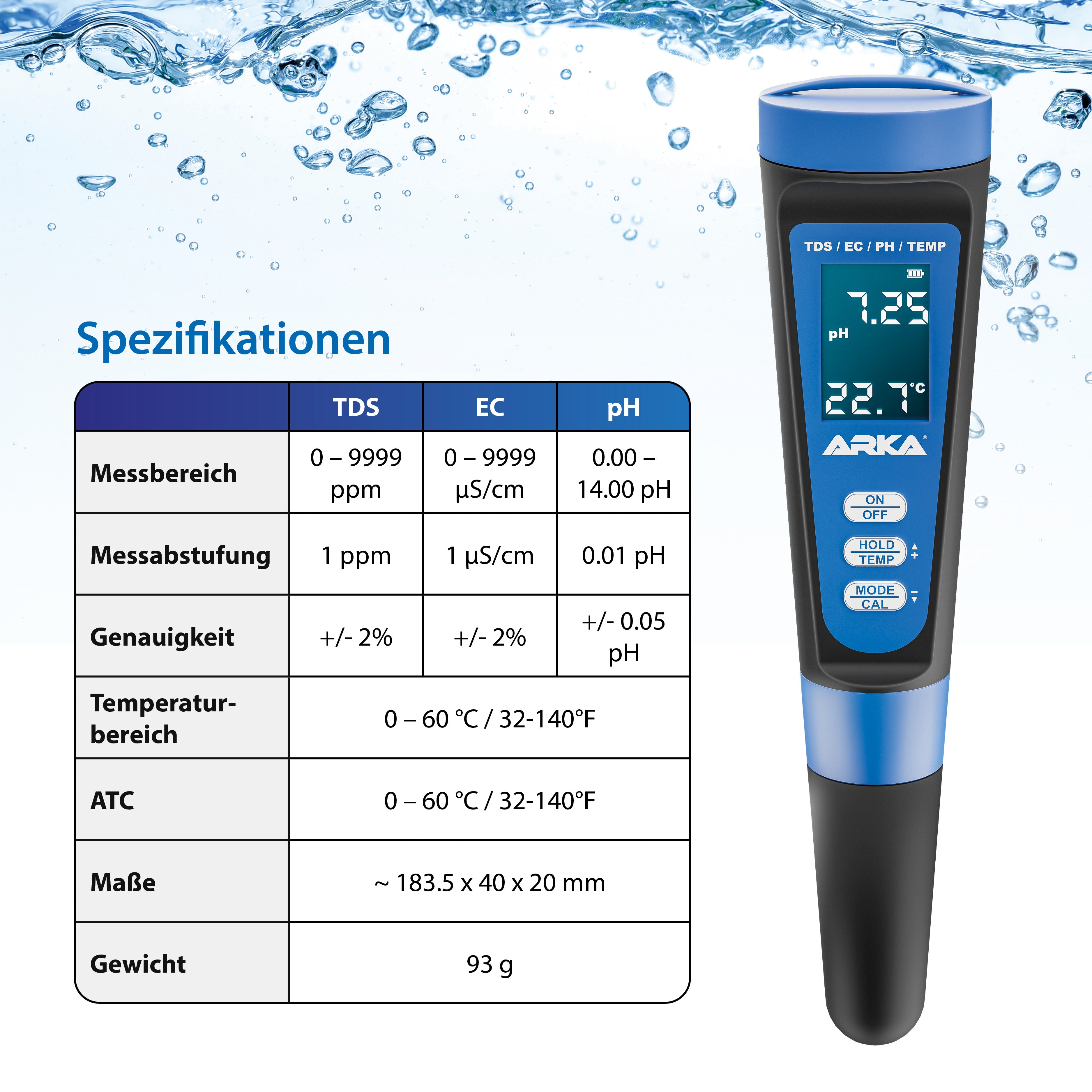 ARKA myAQUA pH/TDS/EC-Messgerät inkl. Thermometer