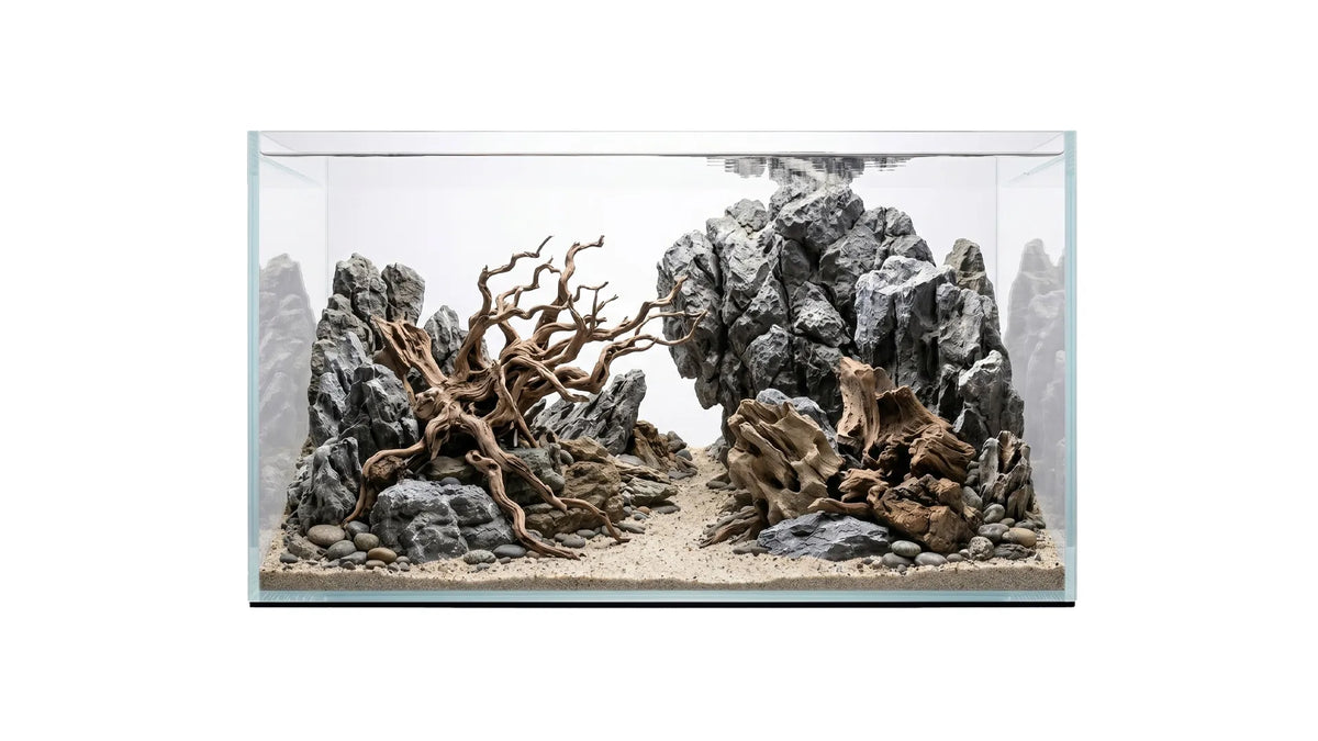 Weißglas Aquarium als Aquascape mit großen Mini Landschaftsteinen und Dekoholz
