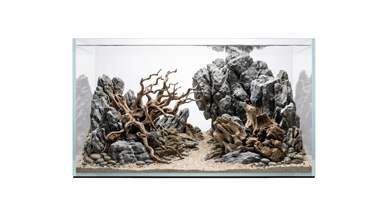 Weißglas Aquarium als Aquascape mit großen Mini Landschaftsteinen und Dekoholz