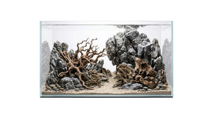 Weißglas Aquarium als Aquascape mit großen Mini Landschaftsteinen und Dekoholz