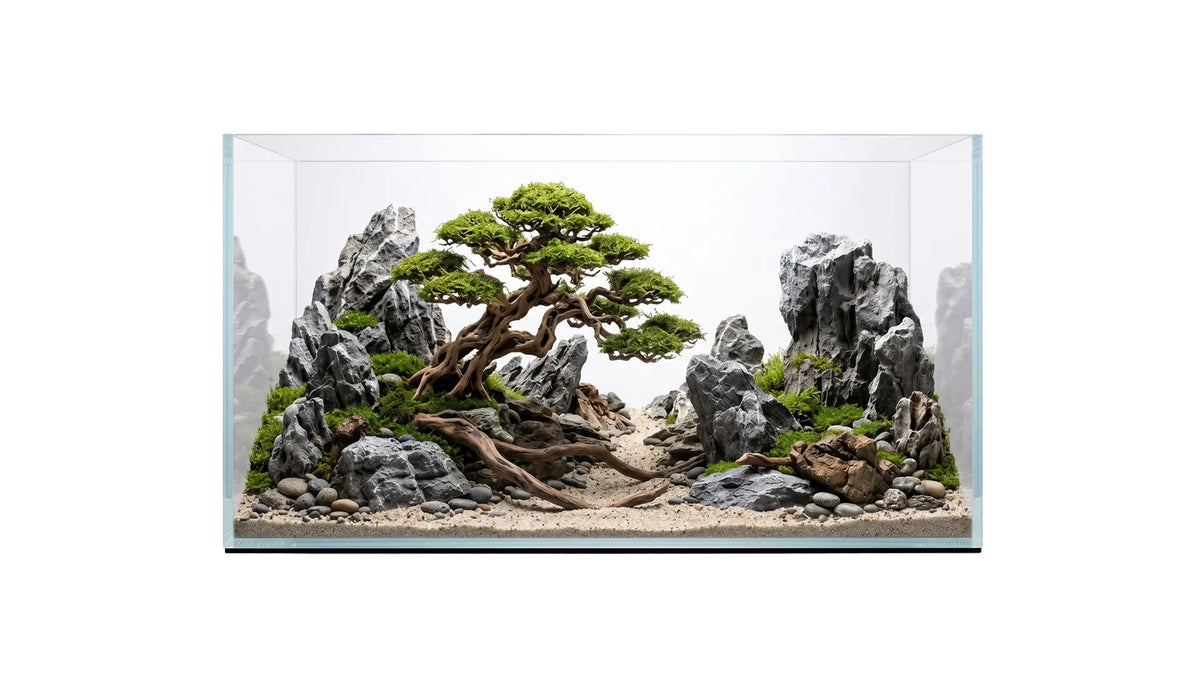 Weißglas-Aquarium 100x40x40cm (LxTxH) 160l Scape Aquarium mit einem Moosbaum und Uferlandschaft