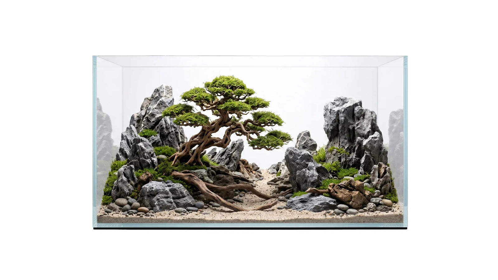 Weißglas-Aquarium 100x40x40cm (LxTxH) 160l Scape Aquarium mit einem Moosbaum und Uferlandschaft