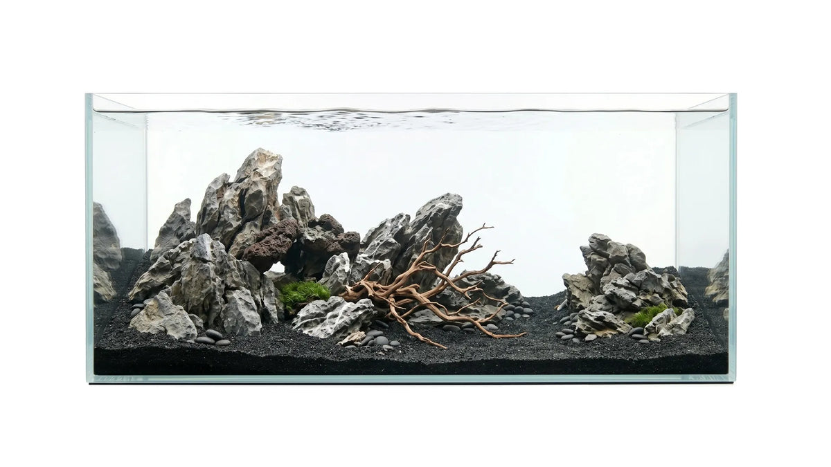 Weißglas Aquarium eingerichtet mit Wurzeln und Steinen, sowie Details