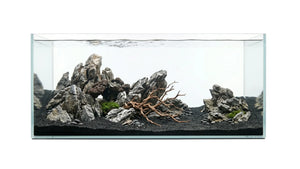Weißglas Aquarium eingerichtet mit Wurzeln und Steinen, sowie Details