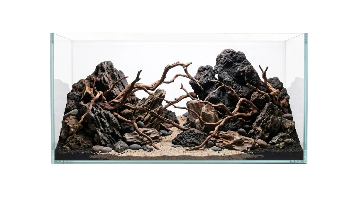 Aquascape Aquarium mit Lavasteinen, Wurzeln, Sand und Soil in Weißglas-Aquarium 120x50x50cm (LxTxH) 300l