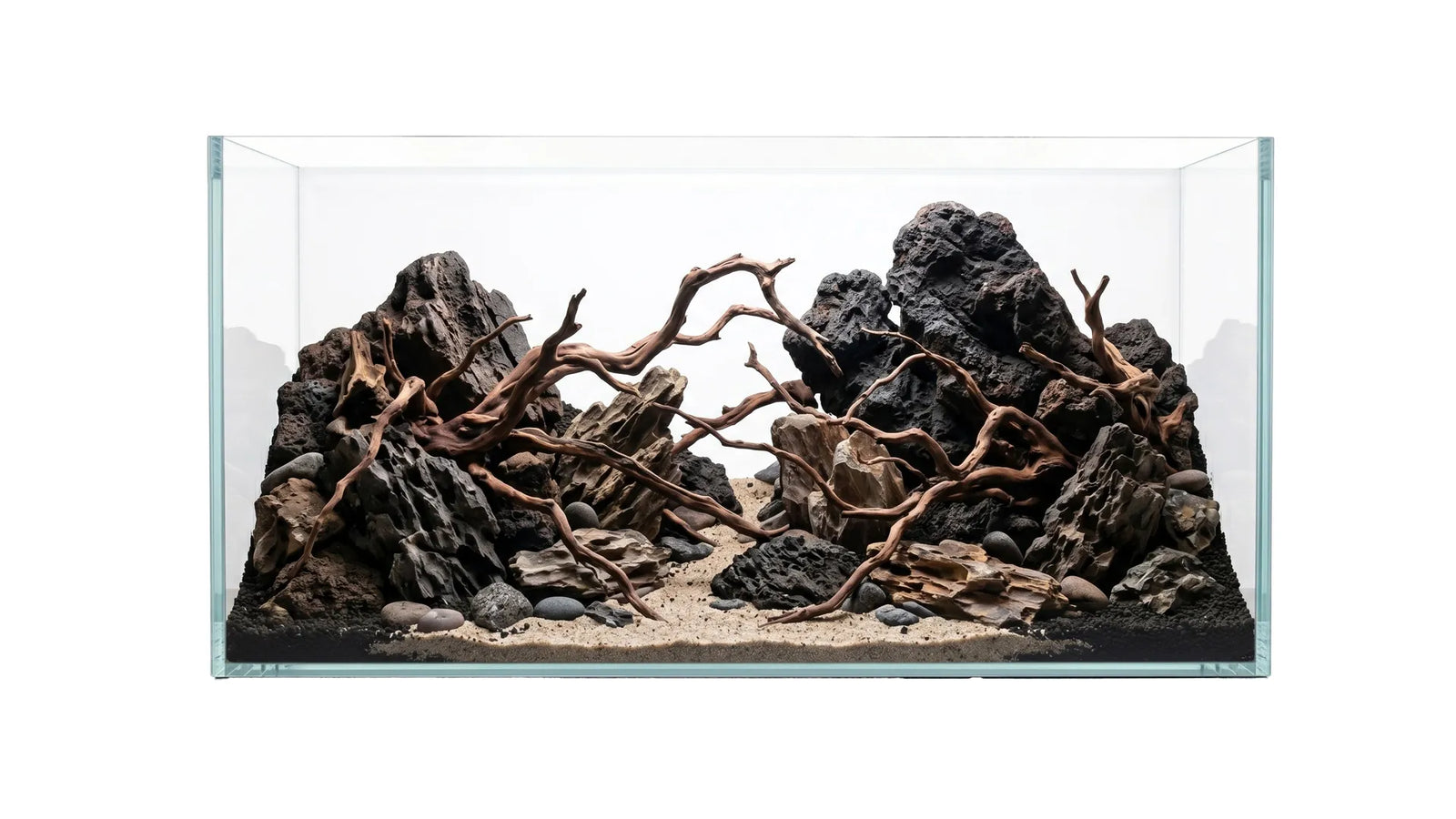Aquascape Aquarium mit Lavasteinen, Wurzeln, Sand und Soil in Weißglas-Aquarium 120x50x50cm (LxTxH) 300l