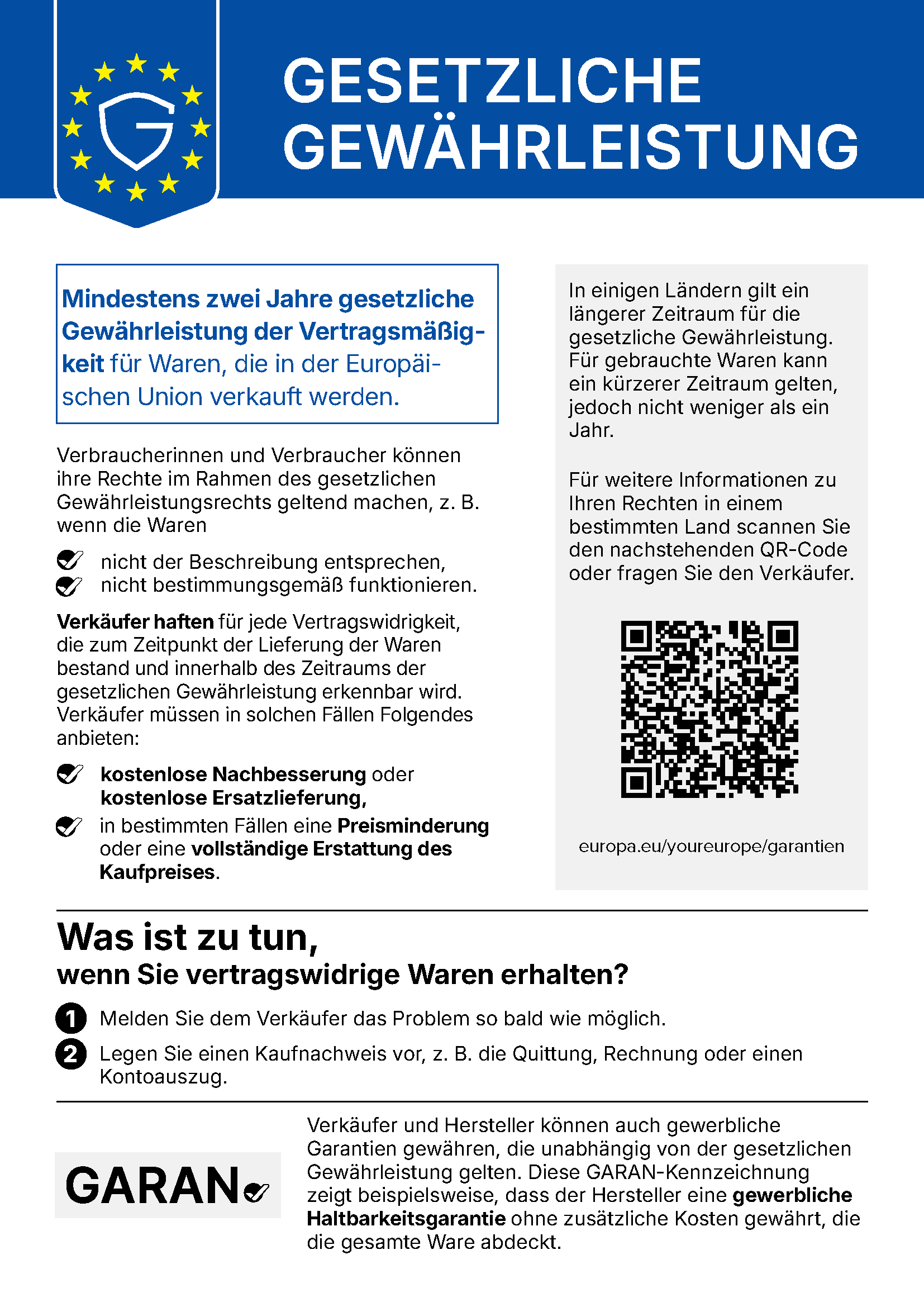 Gesetzliche Gewährleistung: mindestens zwei Jahre für Waren, die in der EU verkauft werden