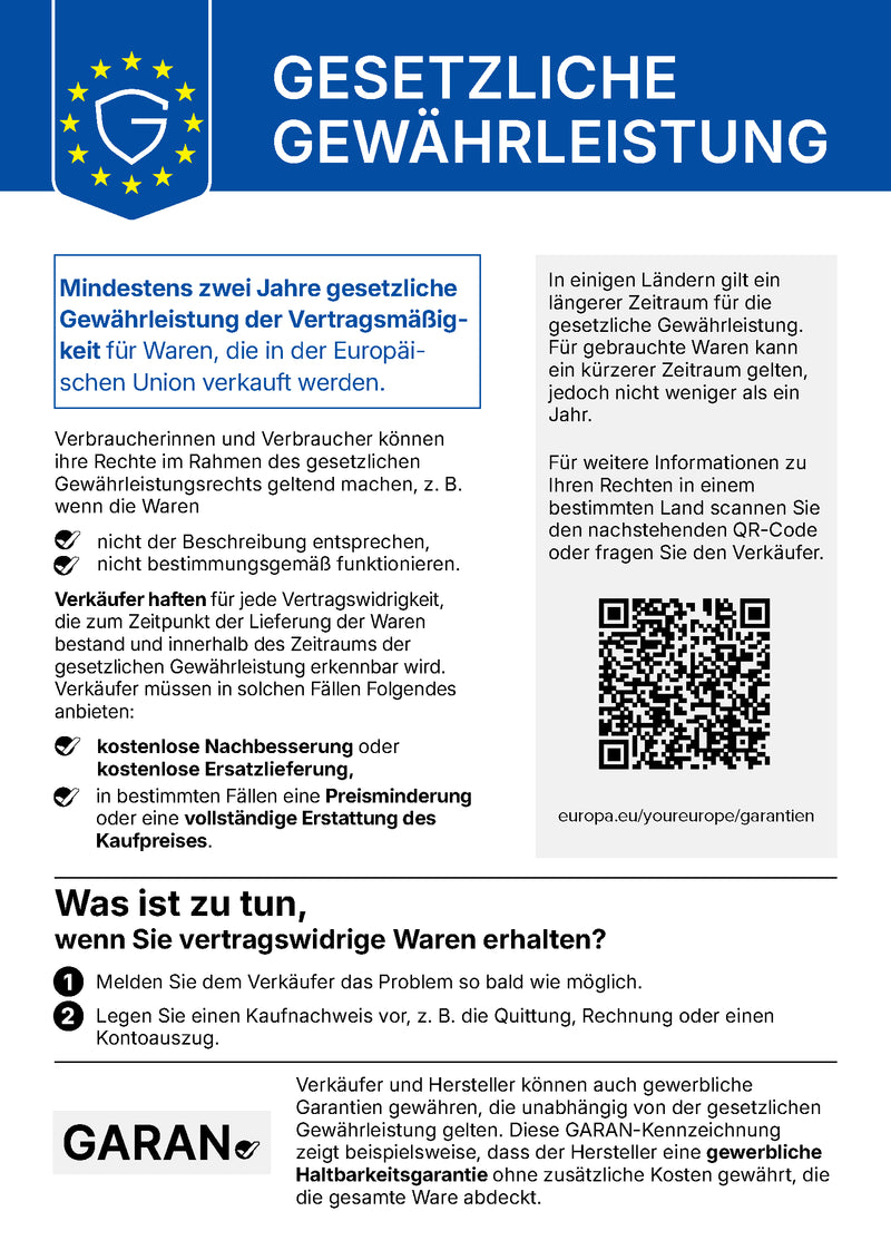 Gesetzliche Gewährleistung: mindestens zwei Jahre für Waren, die in der EU verkauft werden